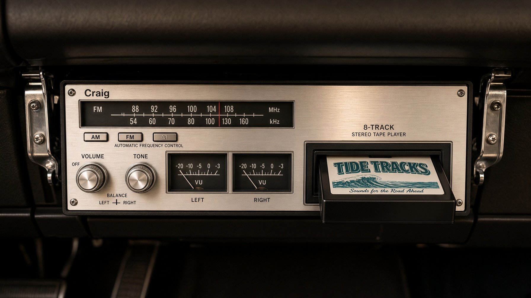Vintage Craig 8-track stereo tape player with a Tide Tracks tape loaded